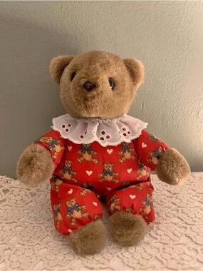 Plush Brown Teddy Bear in Red Heart-Print Pajamas with Lace Collar